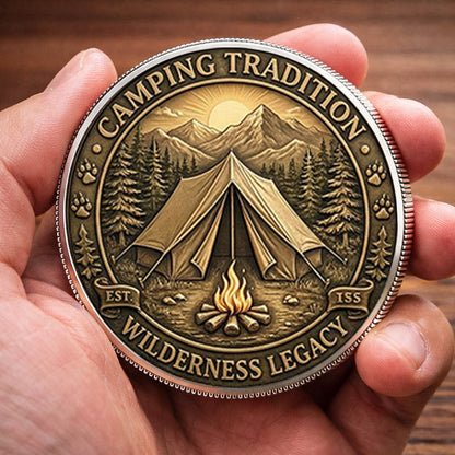 Camping Tradition Printed Commemorative Coin With Pocket Hug Leather Keychain
