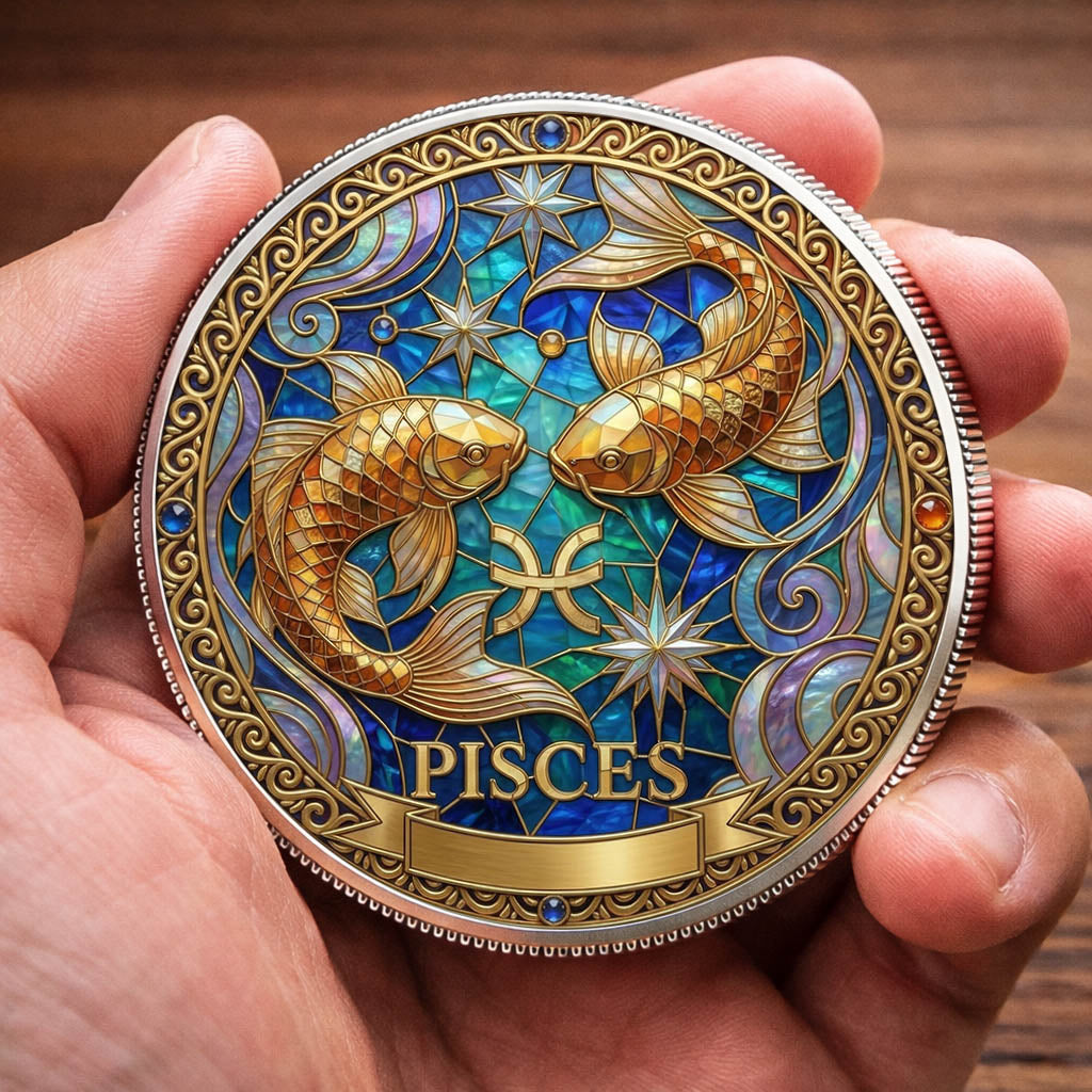 Tarot Zodiac Pisces Sign Stained Glass Printed Commemorative Coin
