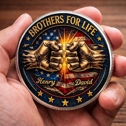 Brothers For Life Printed Commemorative Coin With Pocket Hug Leather Keychain