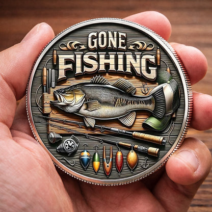 Gone Fishing Printed Commemorative Coin With Pocket Hug Leather Keychain