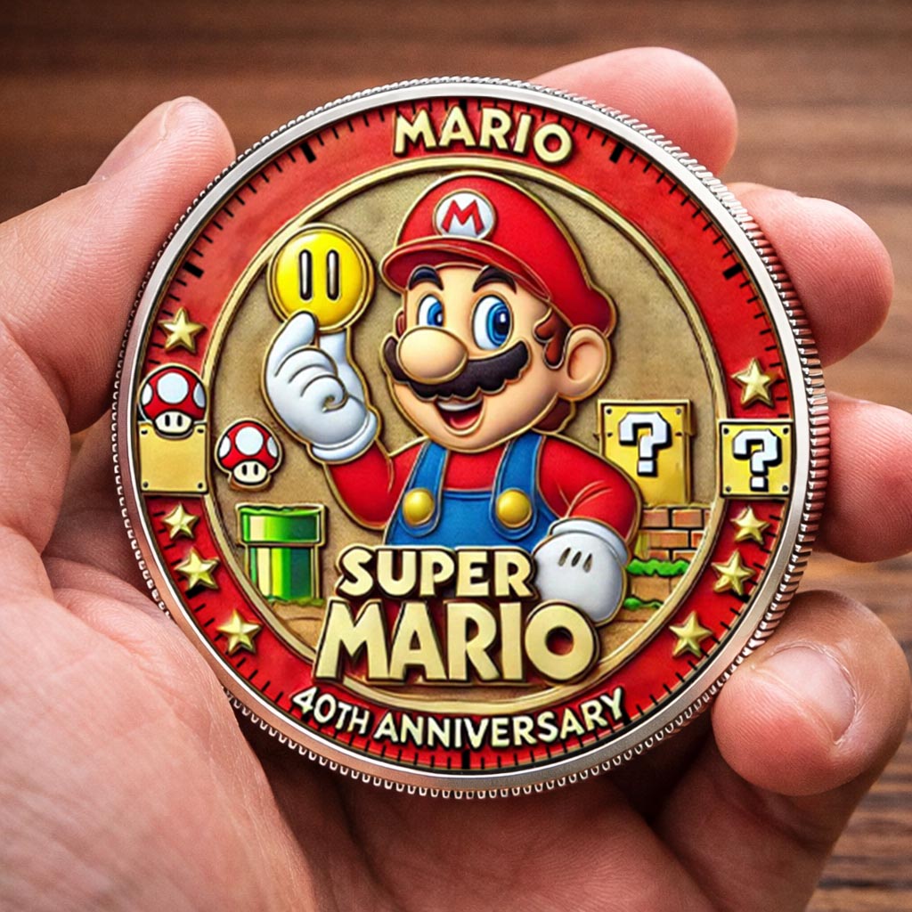 Super Mario 40th Anniversary Printed Commemorative Coin With Pocket Hug Leather Keychain