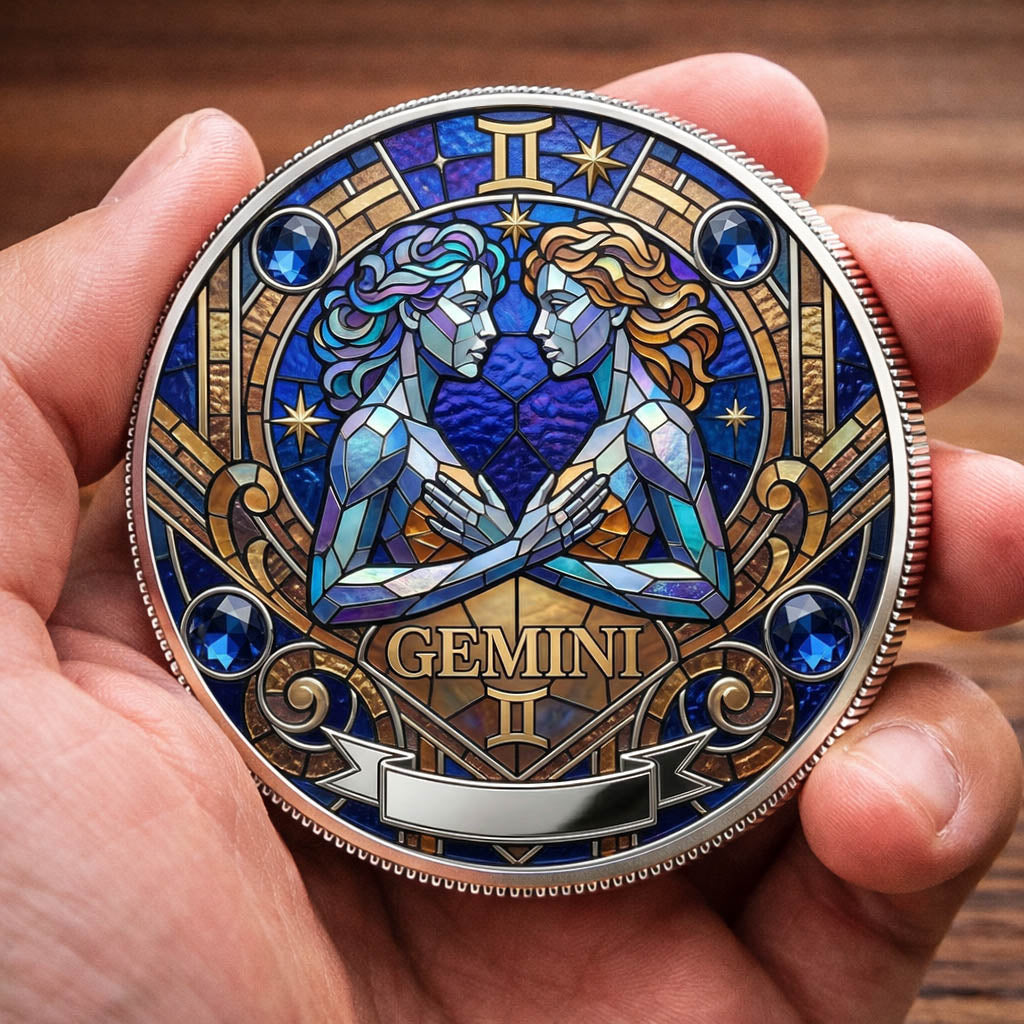 Tarot Zodiac Gemini Sign Stained Glass Printed Commemorative Coin