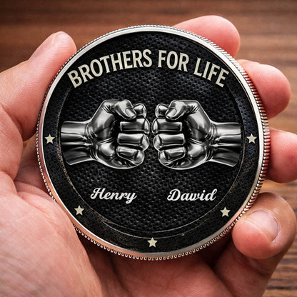 Brothers For Life Printed Commemorative Coin With Pocket Hug Leather Keychain
