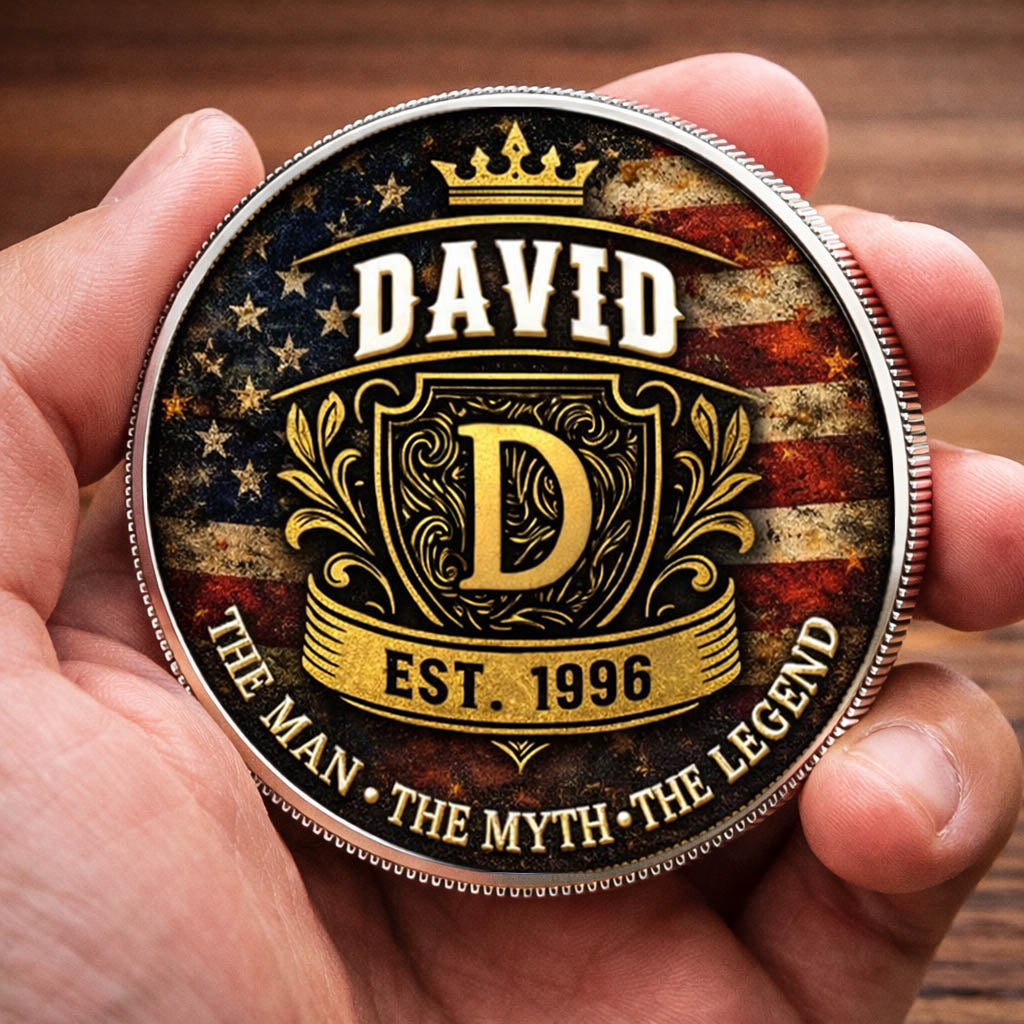 The Man The Myth The Legend Printed Commemorative Coin With Pocket Hug Leather Keychain