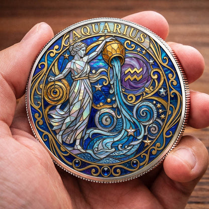 Tarot Zodiac Aquarius Sign Stained Glass Printed Commemorative Coin