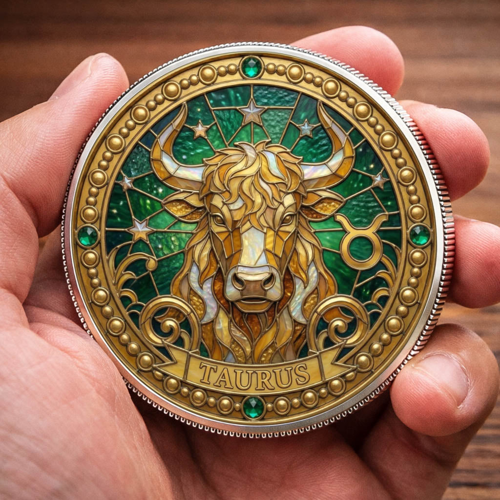 Tarot Zodiac Taurus Sign Stained Glass Printed Commemorative Coin