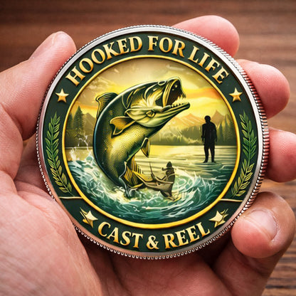 Hooked For Life Printed Commemorative Coin With Pocket Hug Leather Keychain