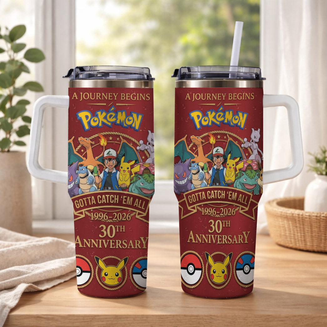 Anime Monster Trainer 30th Anniversary Tumbler, Red Adventure Begins Travel Cup, 1996–2026 Gaming Inspired Tumbler With Handle