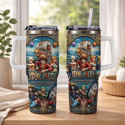 Pirate Anime Adventure 30th Anniversary Tumbler, 1997–2027 Manga Inspired Travel Cup, Ocean Crew Stainless Tumbler With Handle