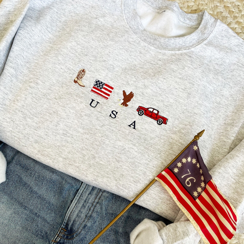 USA Embroidered Icons Sweatshirt, Hoodie Sweatshirt T-Shirt