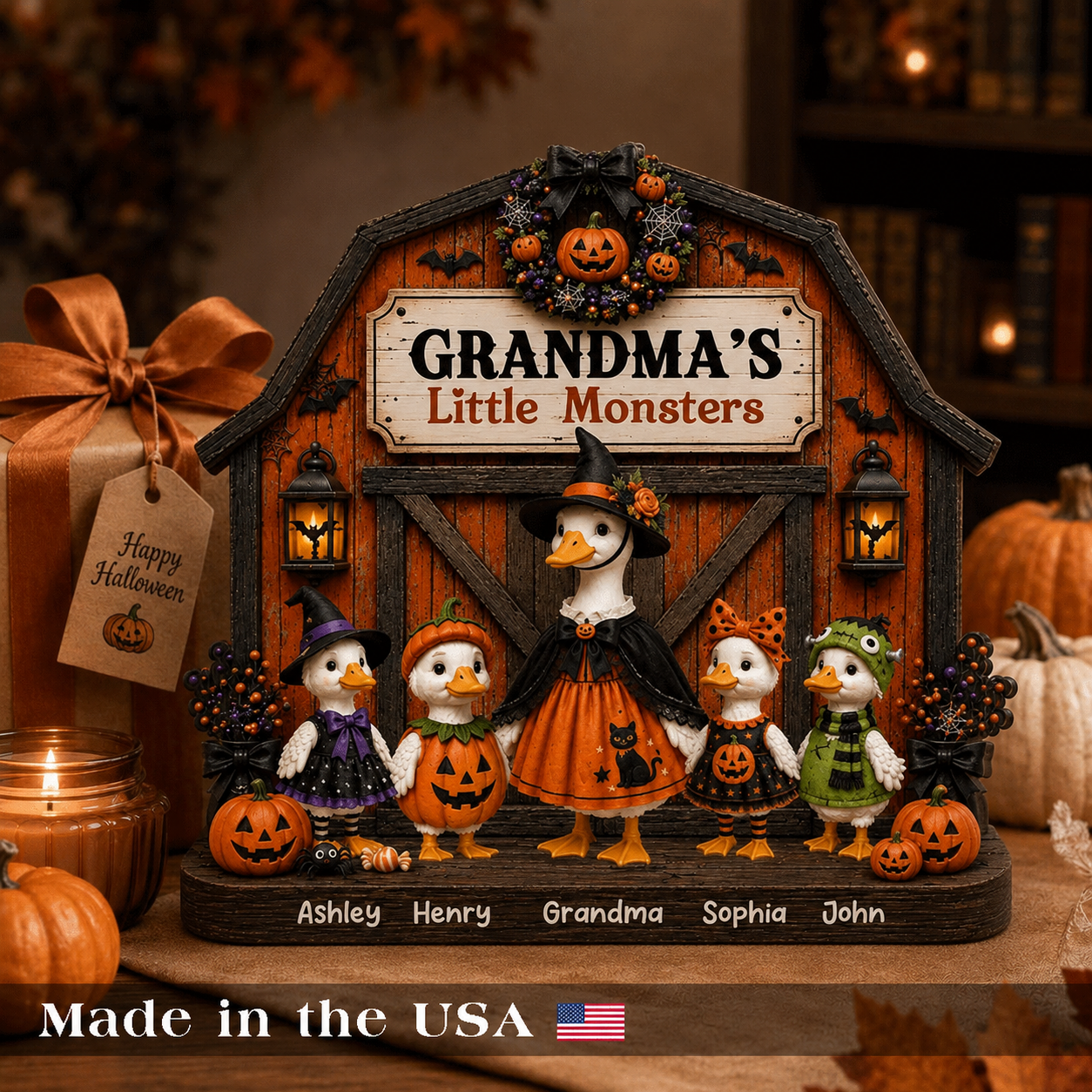 Personalized Halloween Duck Grandma & Kids 2D Flat Printed 3-Layer Wooden Block