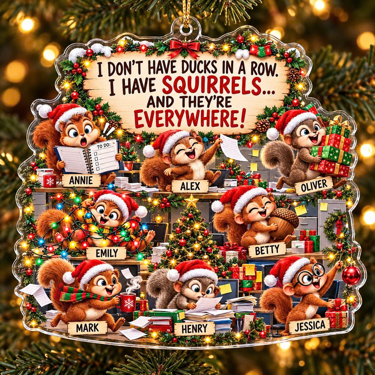 Personalized Squirrel Christmas Ornament, Custom Team Names, Funny Acrylic Coworker Gift