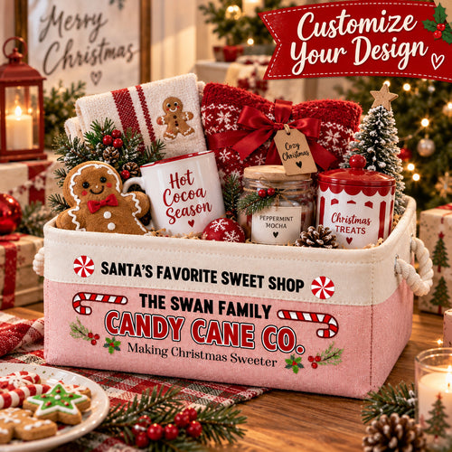 Personalized Family Candy Cane Christmas Storage Basket, Custom Storage Bin with Rope Handles