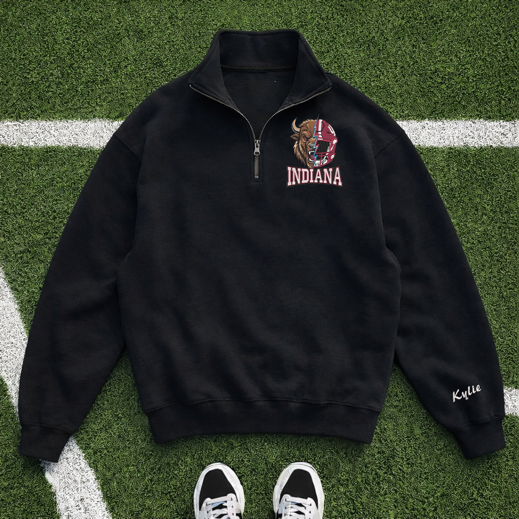 Embroidered Indiana Hoosiers Mascot And Helmet Quarter-Zip Sweatshirt, Hoodie Sweatshirt T-Shirt
