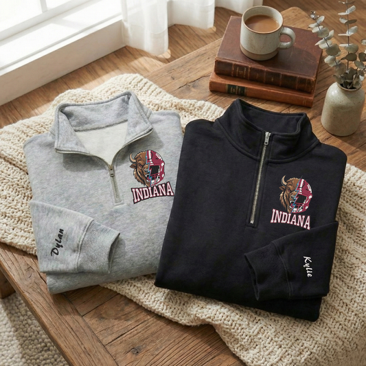 Embroidered Indiana Hoosiers Mascot And Helmet Quarter-Zip Sweatshirt, Hoodie Sweatshirt T-Shirt