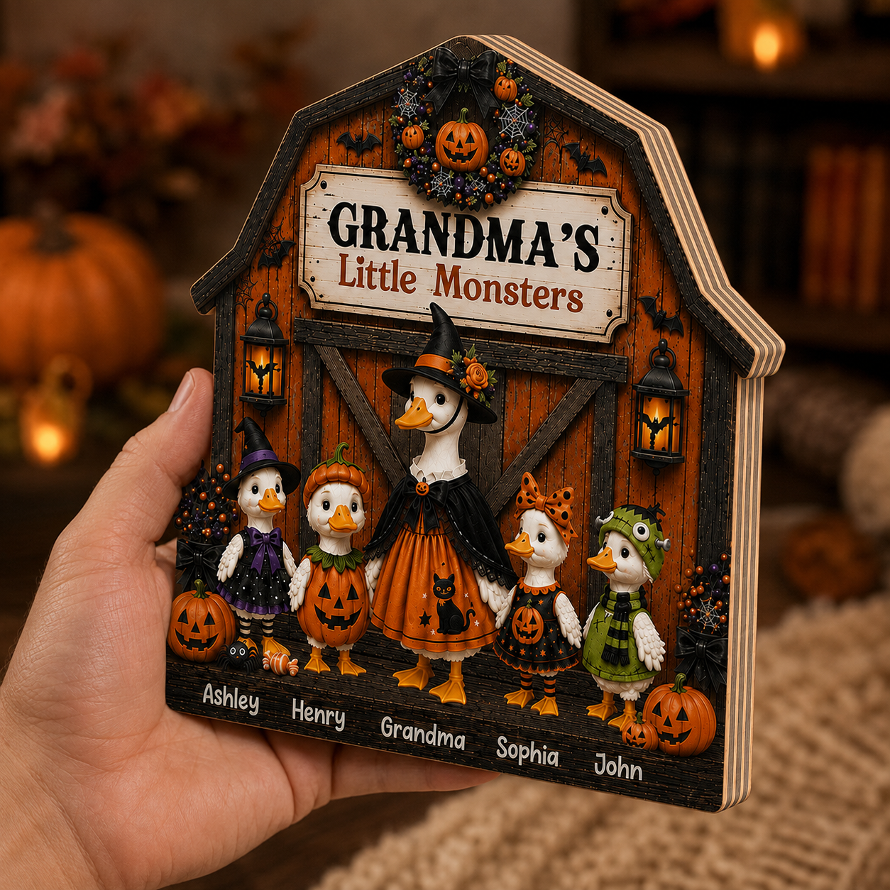 Personalized Halloween Duck Grandma & Kids 2D Flat Printed 3-Layer Wooden Block