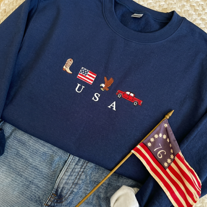 USA Embroidered Icons Sweatshirt, Hoodie Sweatshirt T-Shirt