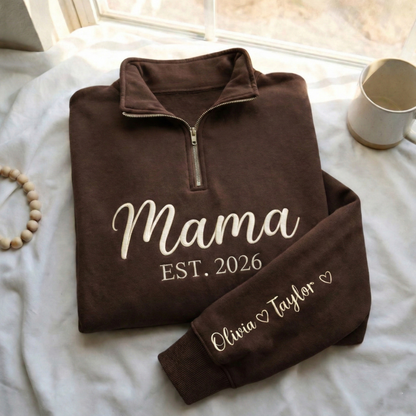 Embroidered Mother's Day Custom Text With Kid's Names On Sleeve Quarter-Zip Sweatshirt, Hoodie Sweatshirt T-Shirt