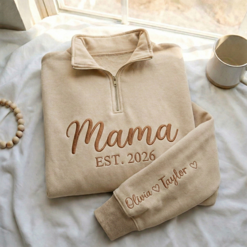 Embroidered Mother's Day Custom Text With Kid's Names On Sleeve Quarter-Zip Sweatshirt, Hoodie Sweatshirt T-Shirt