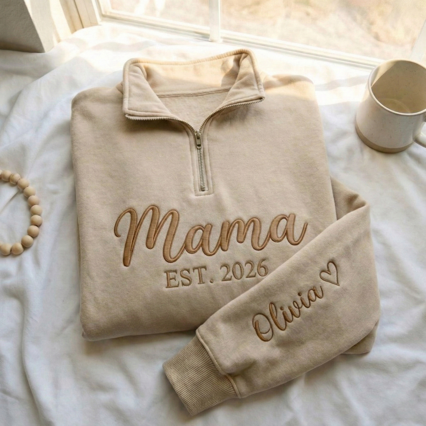 Embroidered Mother's Day Custom Text With Kid's Names On Sleeve Quarter-Zip Sweatshirt, Hoodie Sweatshirt T-Shirt