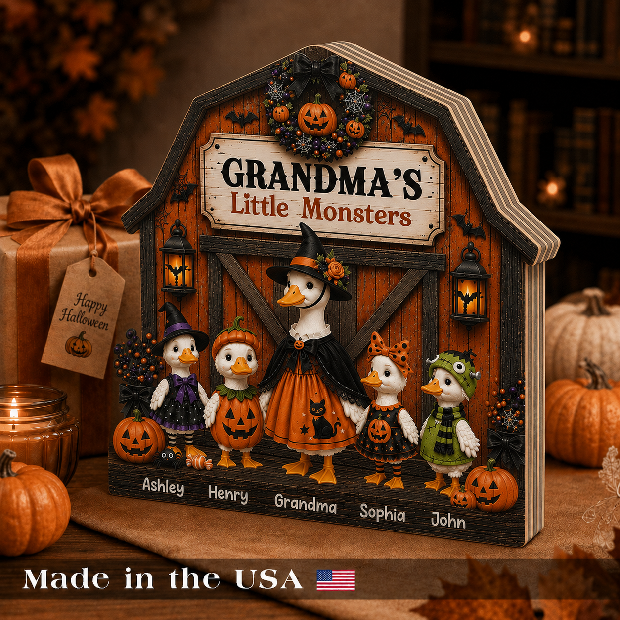 Personalized Halloween Duck Grandma & Kids 2D Flat Printed 3-Layer Wooden Block