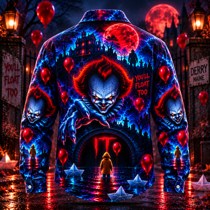 Halloween Pennywise Neon AOP Long Sleeve Shirt With Pocket