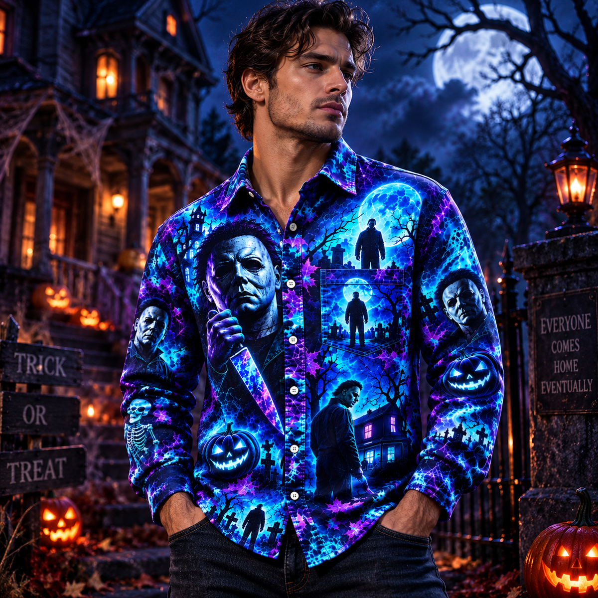 Halloween Michael Myers Neon AOP Long Sleeve Shirt With Pocket