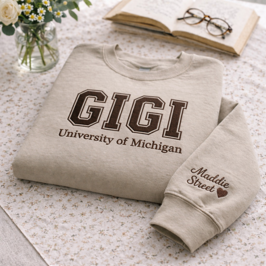 Embroidered Mother's Day Custom Text & University With Kid's Names On Sleeve Hoodie Sweatshirt T-Shirt