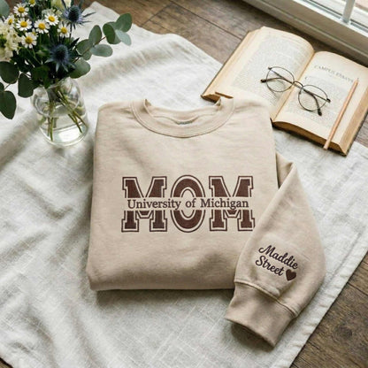 Embroidered Mother's Day Custom Text & University With Kid's Names On Sleeve Hoodie Sweatshirt T-Shirt