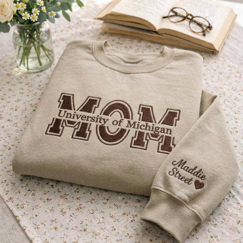 Embroidered Mother's Day Custom Text & University With Kid's Names On Sleeve Hoodie Sweatshirt T-Shirt
