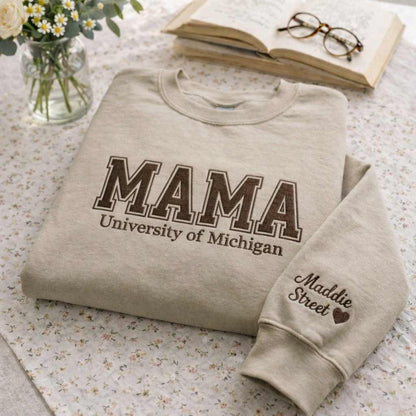 Embroidered Mother's Day Custom Text & University With Kid's Names On Sleeve Hoodie Sweatshirt T-Shirt