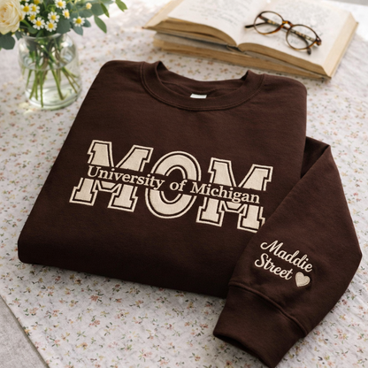 Embroidered Mother's Day Custom Text & University With Kid's Names On Sleeve Hoodie Sweatshirt T-Shirt