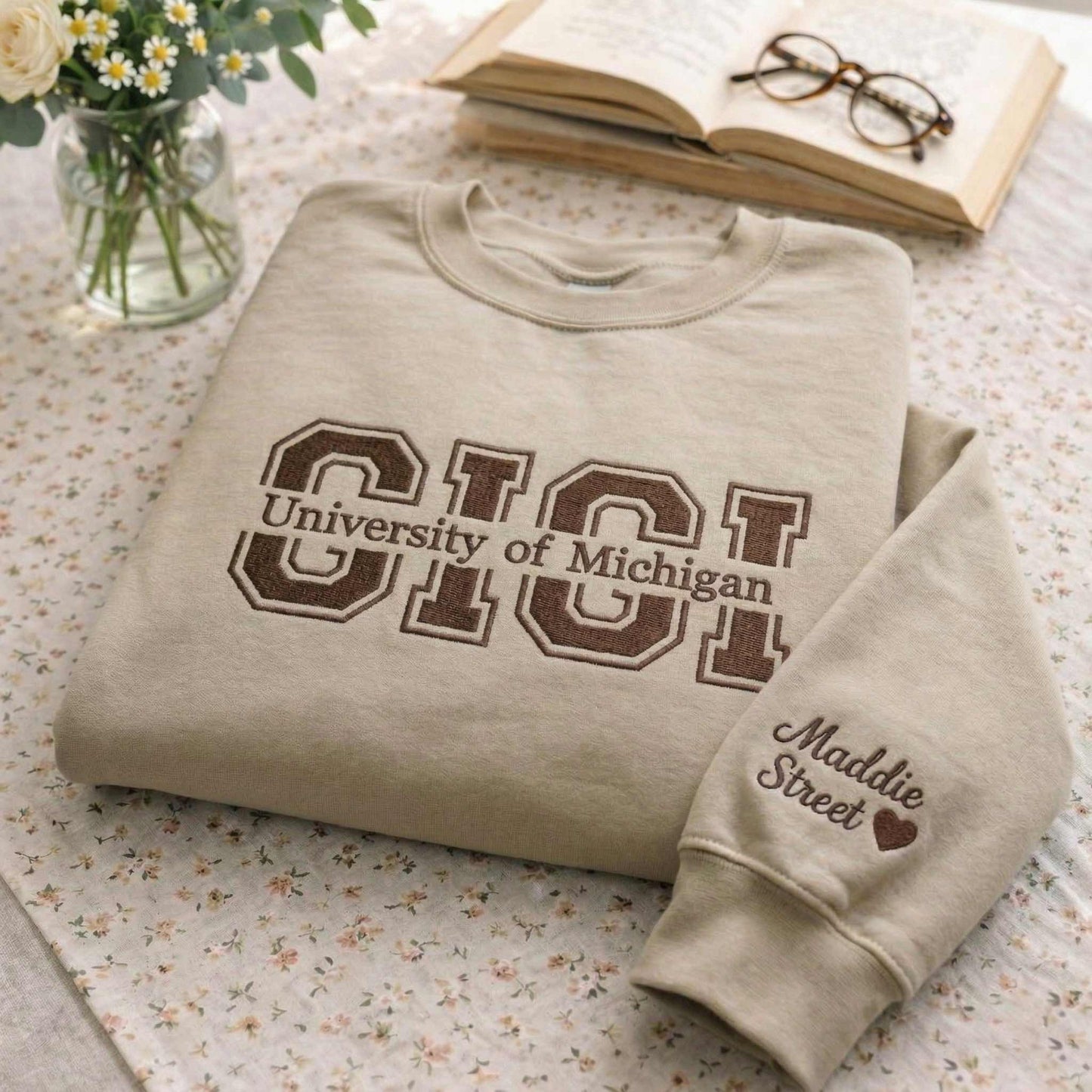 Embroidered Mother's Day Custom Text & University With Kid's Names On Sleeve Hoodie Sweatshirt T-Shirt