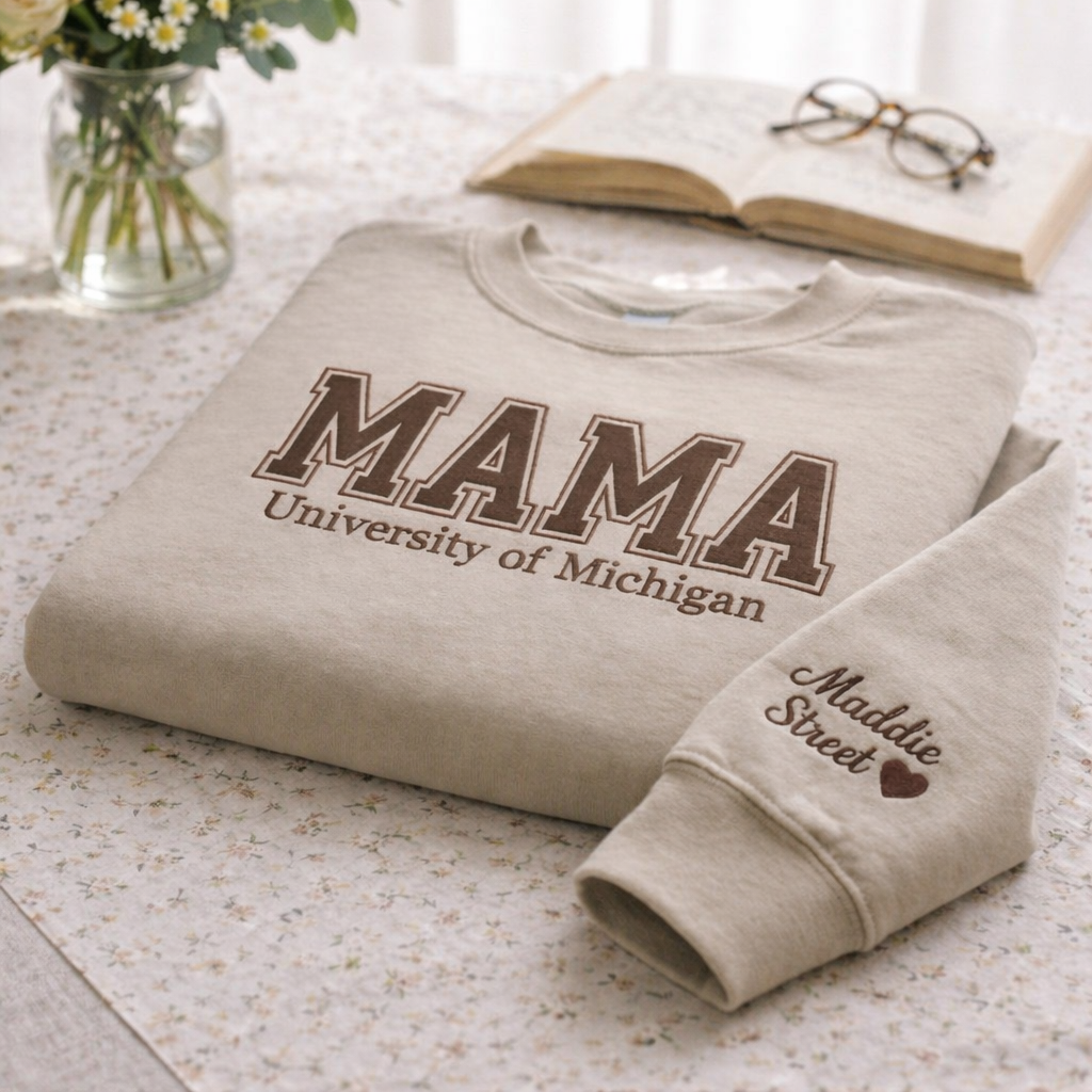 Embroidered Mother's Day Custom Text & University With Kid's Names On Sleeve Hoodie Sweatshirt T-Shirt