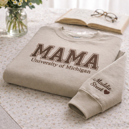 Embroidered Mother's Day Custom Text & University With Kid's Names On Sleeve Hoodie Sweatshirt T-Shirt