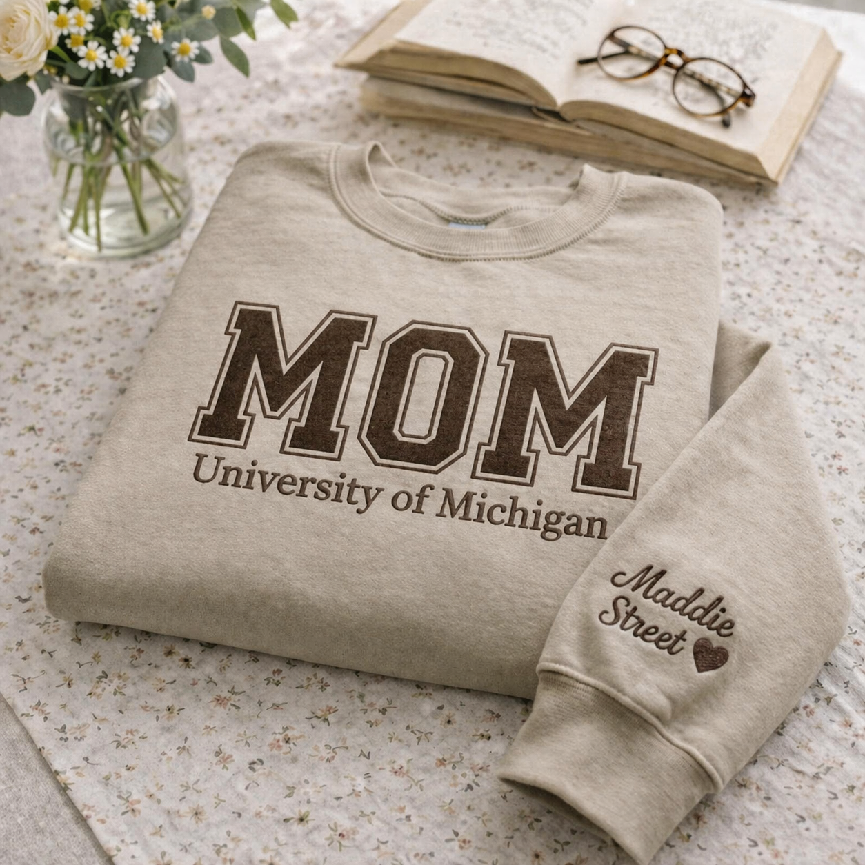 Embroidered Mother's Day Custom Text & University With Kid's Names On Sleeve Hoodie Sweatshirt T-Shirt