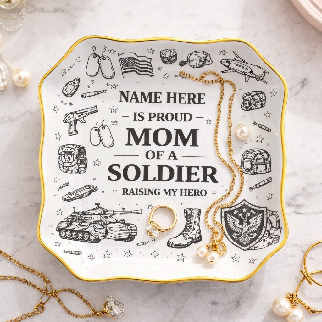 Personalized "Proud Mom of a Soldier" Custom Name Ceramic Jewelry Dish