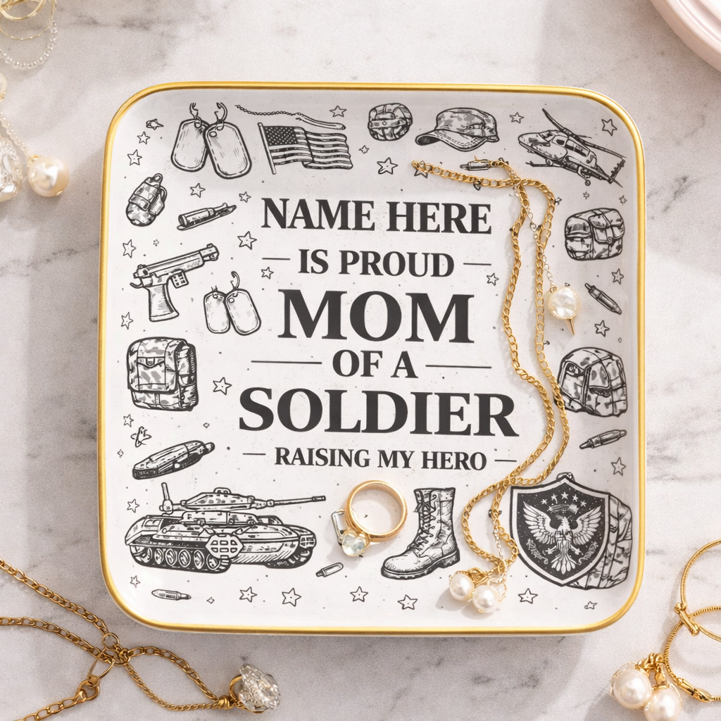 Personalized "Proud Mom of a Soldier" Custom Name Ceramic Jewelry Dish