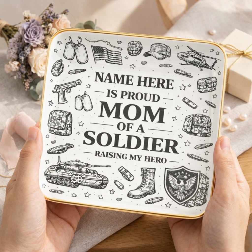 Personalized "Proud Mom of a Soldier" Custom Name Ceramic Jewelry Dish