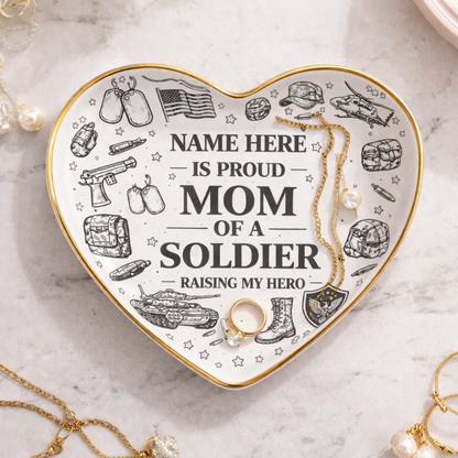 Personalized "Proud Mom of a Soldier" Custom Name Ceramic Jewelry Dish