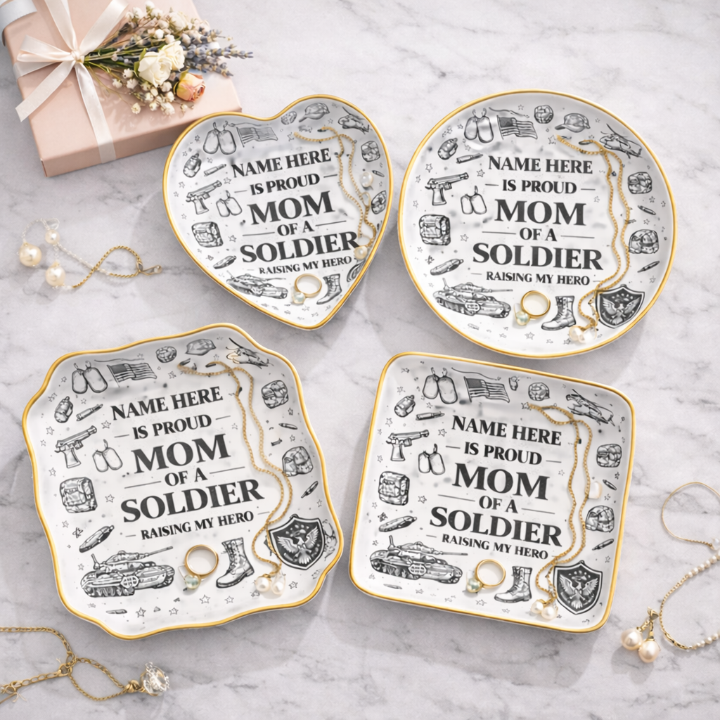 Personalized "Proud Mom of a Soldier" Custom Name Ceramic Jewelry Dish