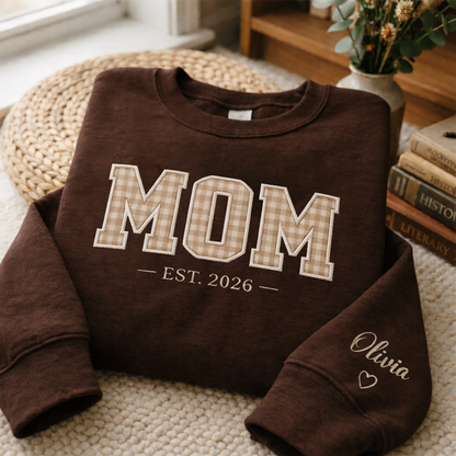 Embroidered Mother's Day EST Custom Text And Fabric Color With Kid's Names On Sleeve Hoodie Sweatshirt T-Shirt