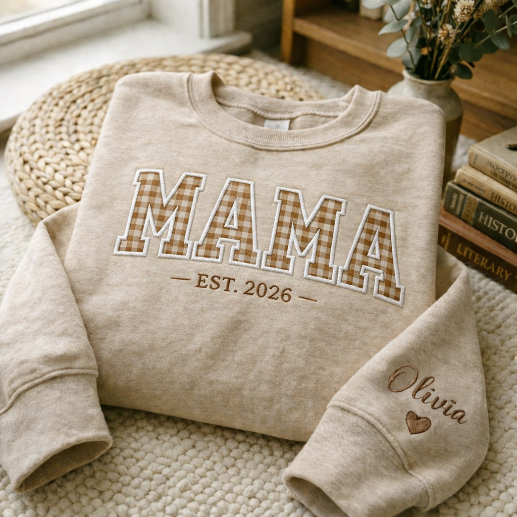 Embroidered Mother's Day EST Custom Text And Fabric Color With Kid's Names On Sleeve Hoodie Sweatshirt T-Shirt