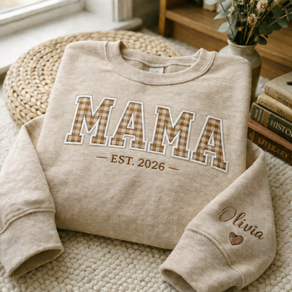 Embroidered Mother's Day EST Custom Text And Fabric Color With Kid's Names On Sleeve Hoodie Sweatshirt T-Shirt