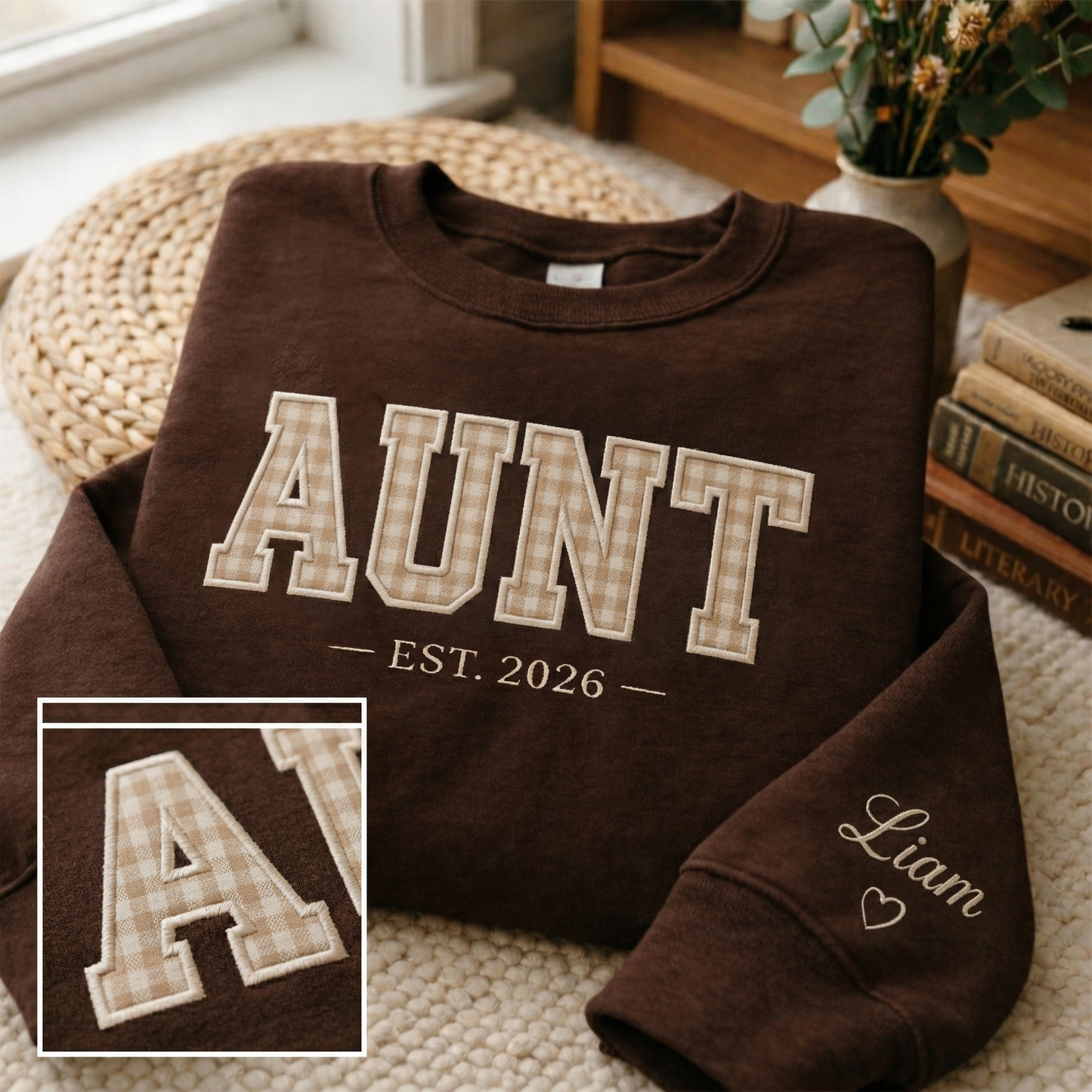 Embroidered Mother's Day EST Custom Text And Fabric Color With Kid's Names On Sleeve Hoodie Sweatshirt T-Shirt