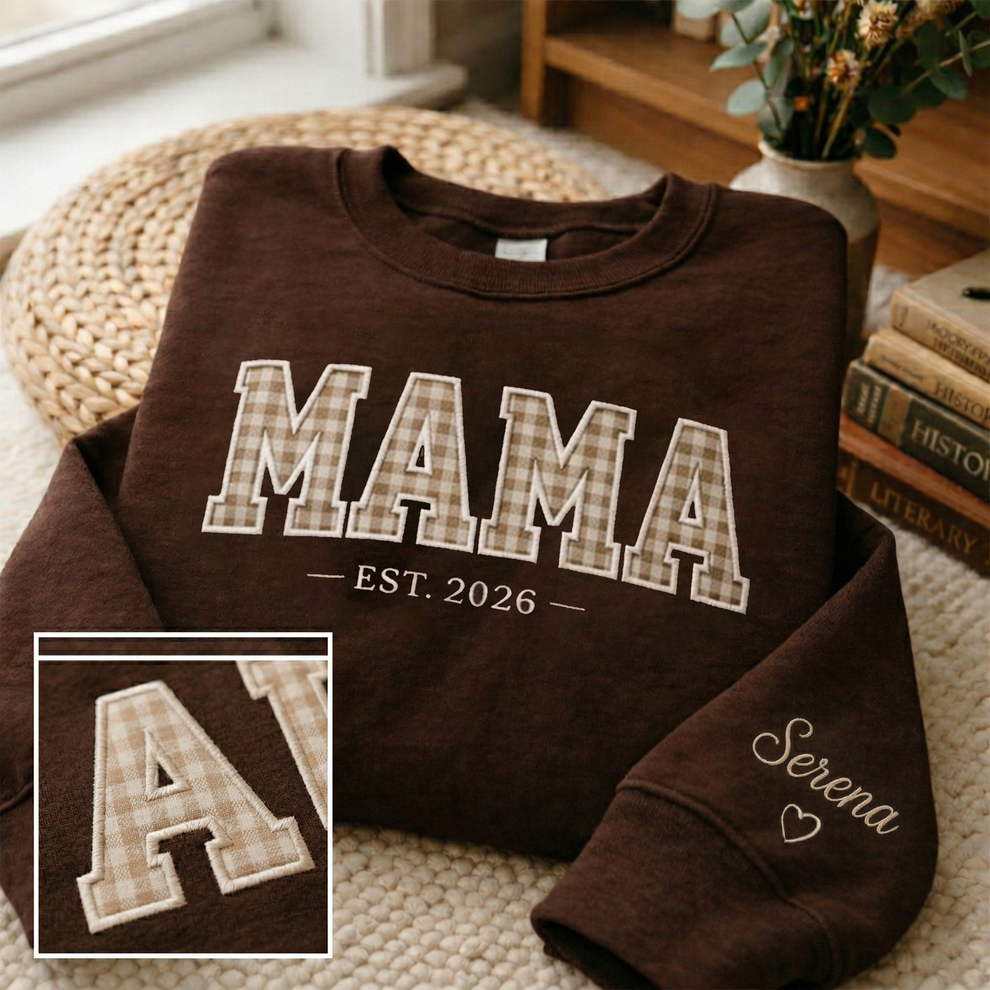 Embroidered Mother's Day EST Custom Text And Fabric Color With Kid's Names On Sleeve Hoodie Sweatshirt T-Shirt