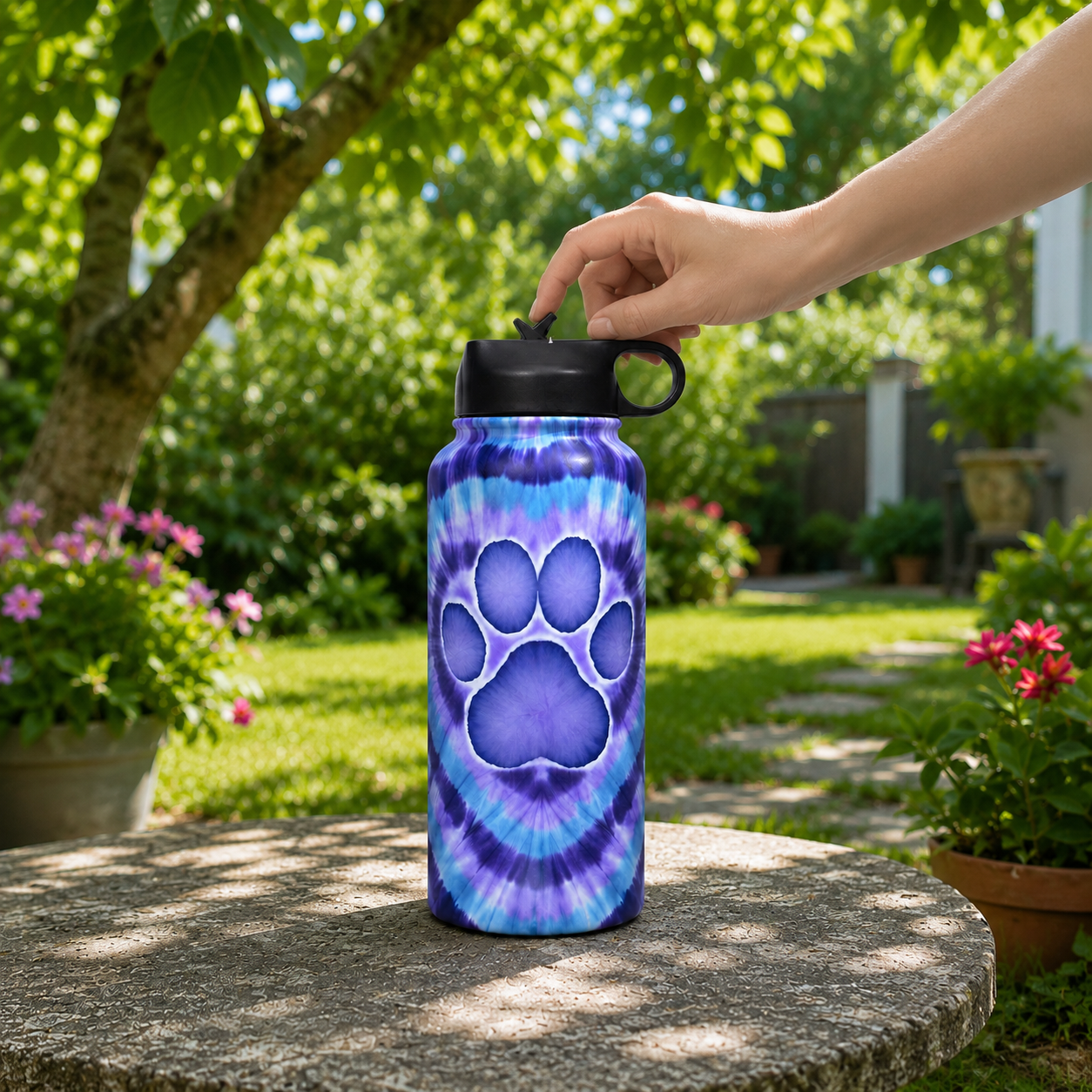Tie-Dye Pet Paw Print Insulated Water Bottle
