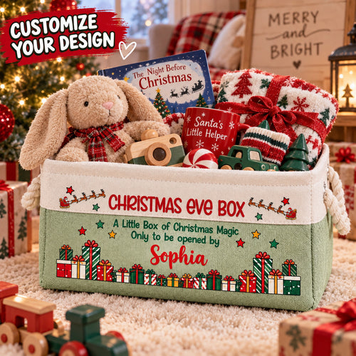 Personalized Kids Christmas Eve Gift Basket, Custom Name Storage Bin with Rope Handles