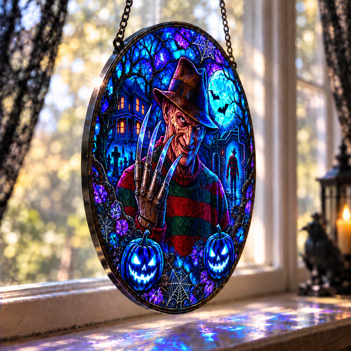 Halloween Neon Freddy Glass Suncatcher