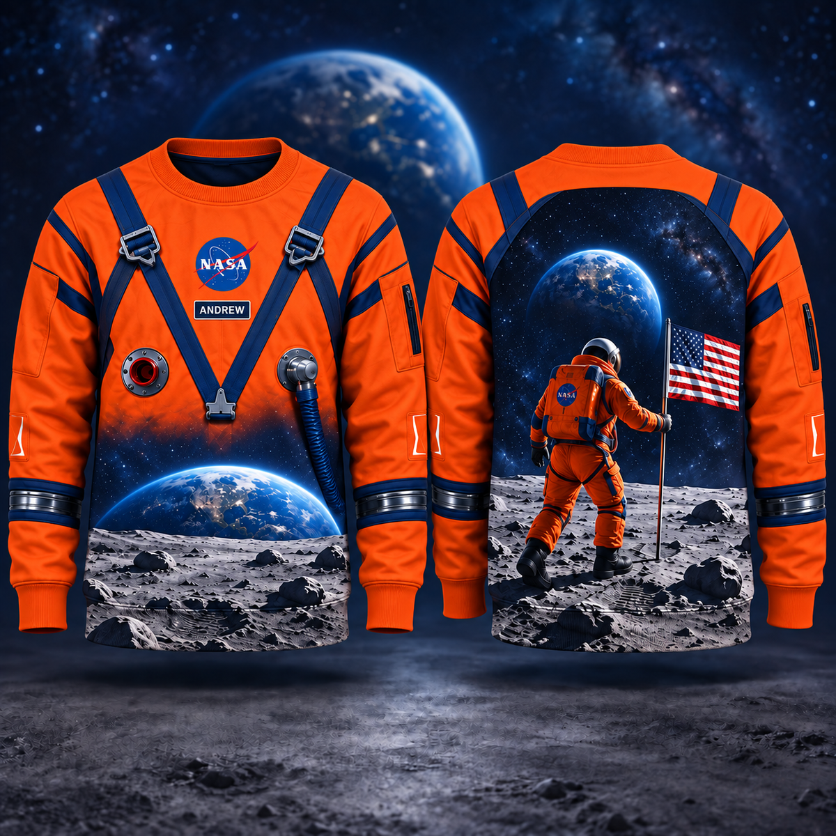 Personalized Your Name Orange Astronaut AOP T-Shirt Sweatshirt Hoodie